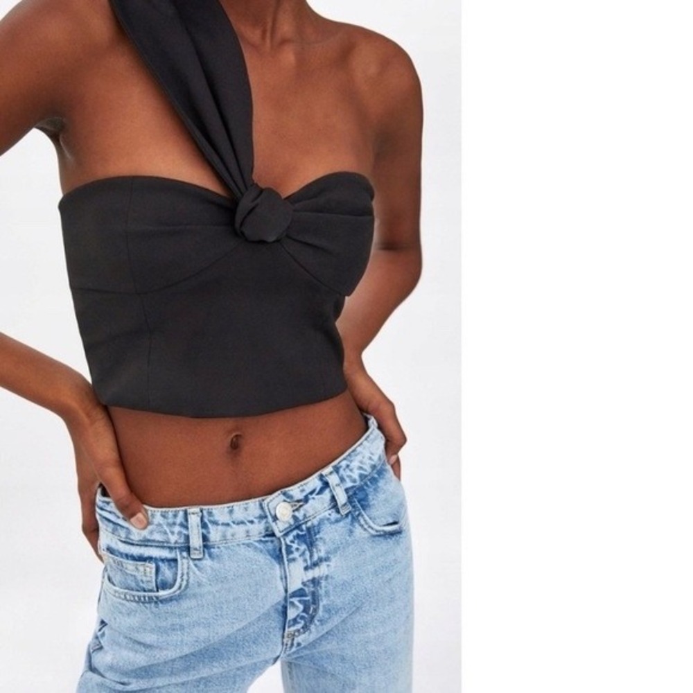 Zara Womens Black One Shoulder Knotted Bow Crop Top Size S Side Zip Asymmetrical